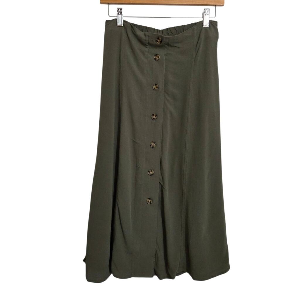 NEW Westport Full Button Front Linen-Look Rayon Flowy Midi Skirt Boho Green XS